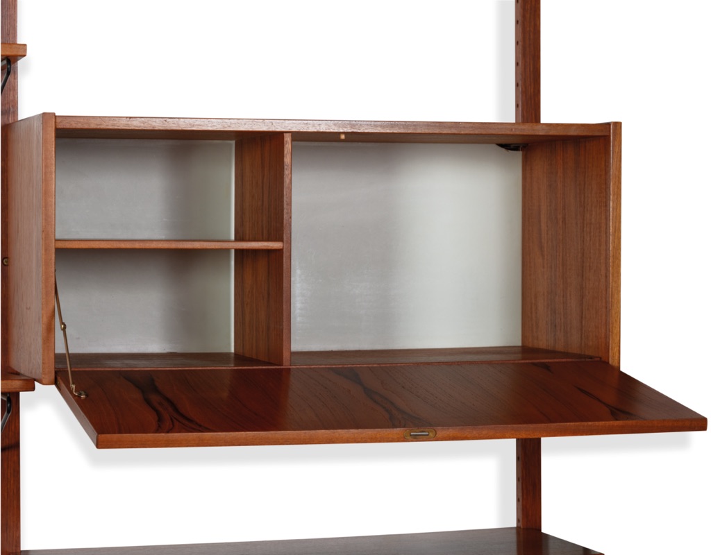 Mid century modern wall mounted shelving system Kurt Ostervig Poul Cadovius Peter Sorensen Kai Kristiansen Danish vintage bookshelf storage teak 1960 inside
