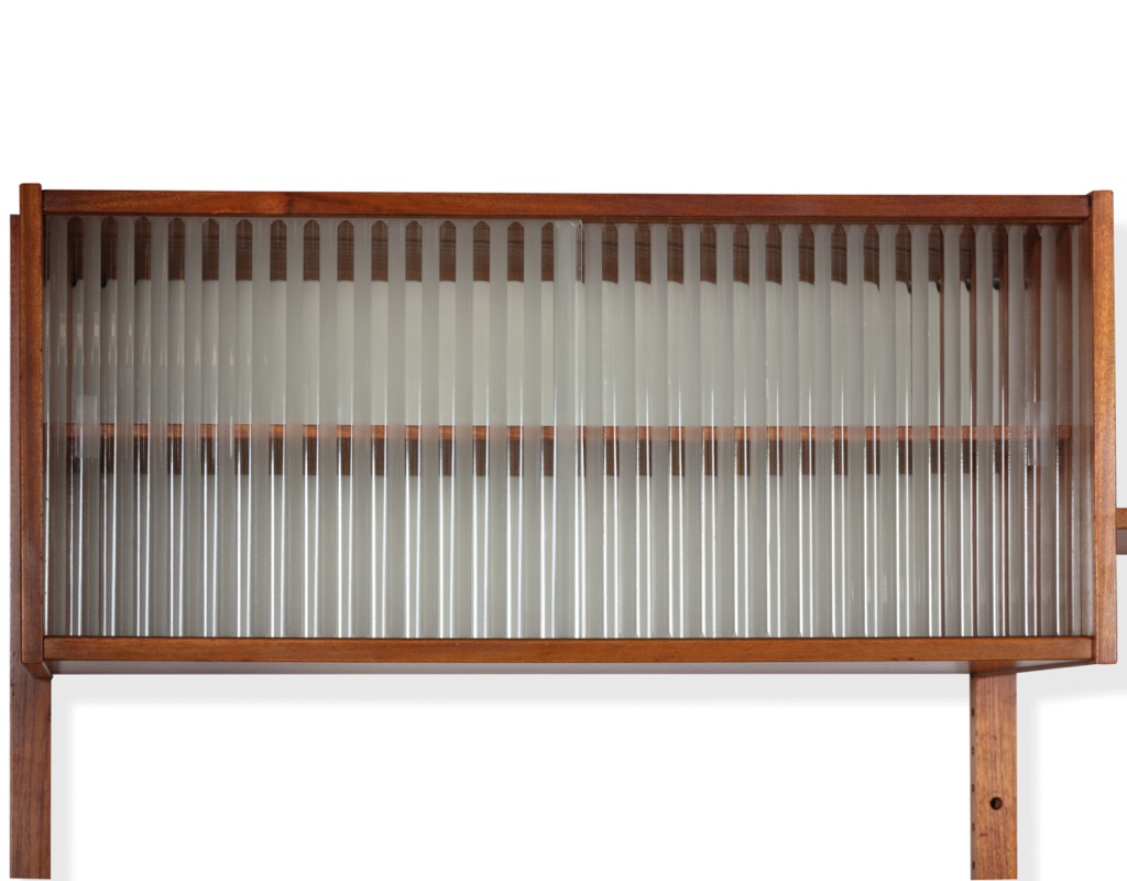 Mid century modern wall mounted shelving system Kurt Ostervig Poul Cadovius Peter Sorensen Kai Kristiansen Danish vintage bookshelf storage teak 1960 original glass