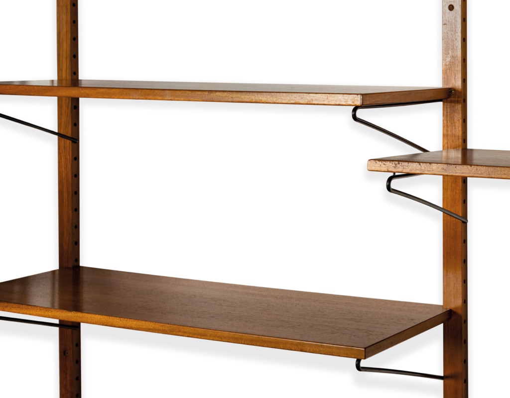Mid century modern wall mounted shelving system Kurt Ostervig Poul Cadovius Peter Sorensen Kai Kristiansen Danish vintage bookshelf storage teak 1960 shelf supports