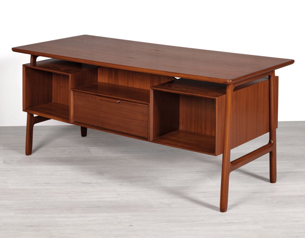 Mid Century Modern Danish Writing Desk Omann Jun Model 75 Gunni Omann 1960 Vintage Office Furniture Home Office Table Scandinavian Original Design Teak Rosewood bookshelves at rear