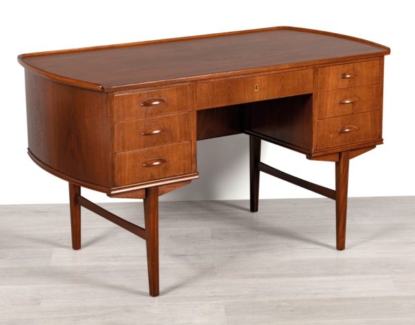 Mid century modern writing desk Danish vintage 1960s curved office table with drawers original Scandinavian furniture Melbourne 7 drawers rear shelf