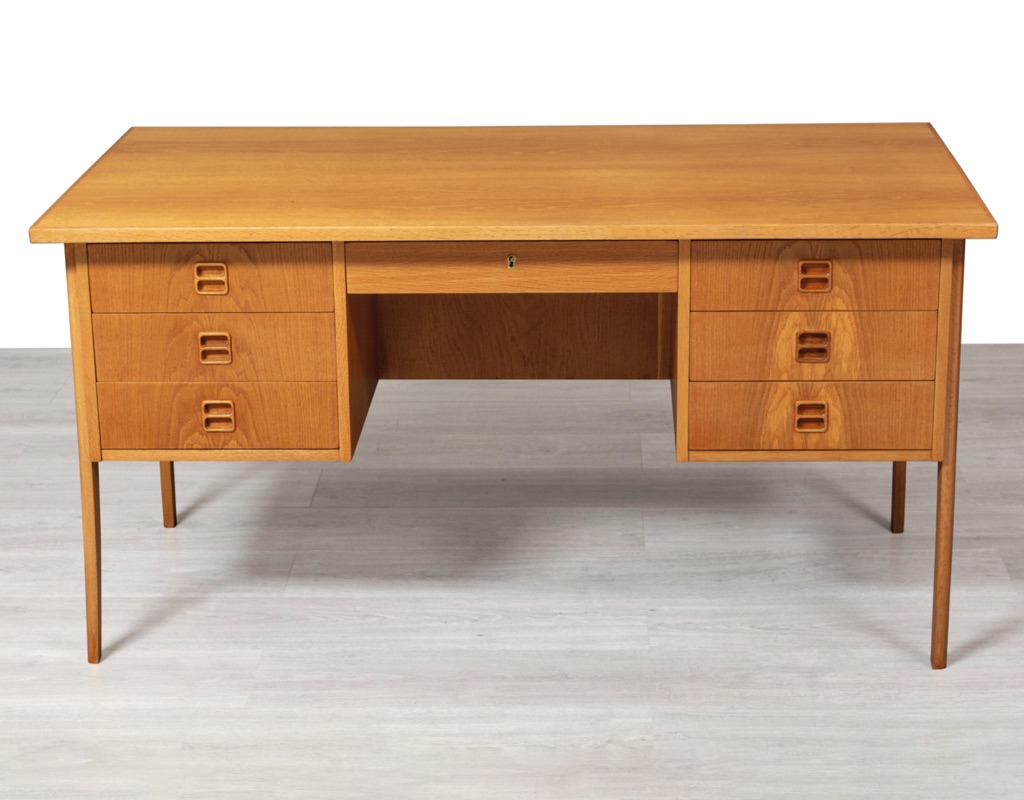 Mid century modern writing desk Danish vintage office designs by Erik Brouer Svend Aage Madsen Peter Lovig Nielsen European oak 1960s front view original imported