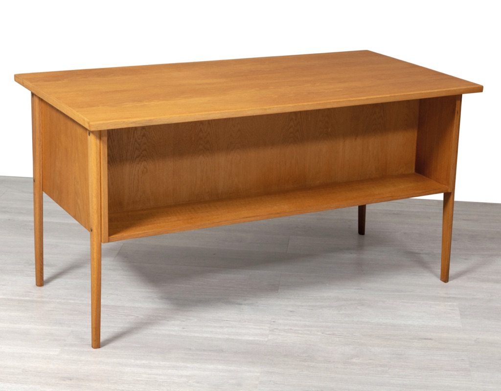 Mid century modern writing desk Danish vintage office designs by Erik Brouer Svend Aage Madsen Peter Lovig Nielsen European oak 1960s rear bookshelf