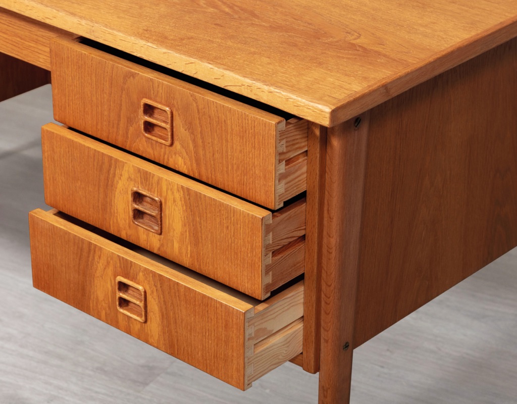 Mid century modern writing desk Danish vintage office designs by Erik Brouer Svend Aage Madsen Peter Lovig Nielsen European oak 1960s drawers