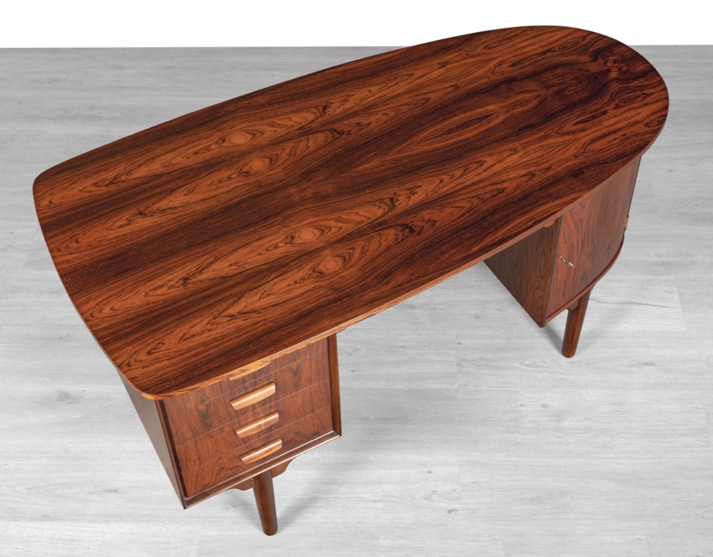 H.P. Hansen Bullet desk Danish vintage 1960s mid century modern Scandinavian design Randers Mobelfabrik Brazilian rosewood rear storage office furniture Denmark kidney