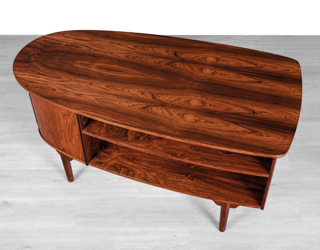 H.P. Hansen Bullet desk Danish vintage 1960s mid century modern Scandinavian design Randers Mobelfabrik Brazilian rosewood rear storage office furniture Denmark cupboard