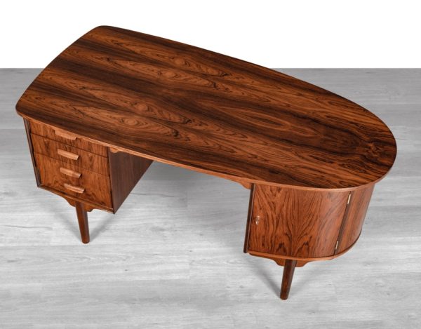 H.P. Hansen Bullet desk Danish vintage 1960s mid century modern Scandinavian design Randers Mobelfabrik Brazilian rosewood rear storage office furniture Denmark curved top