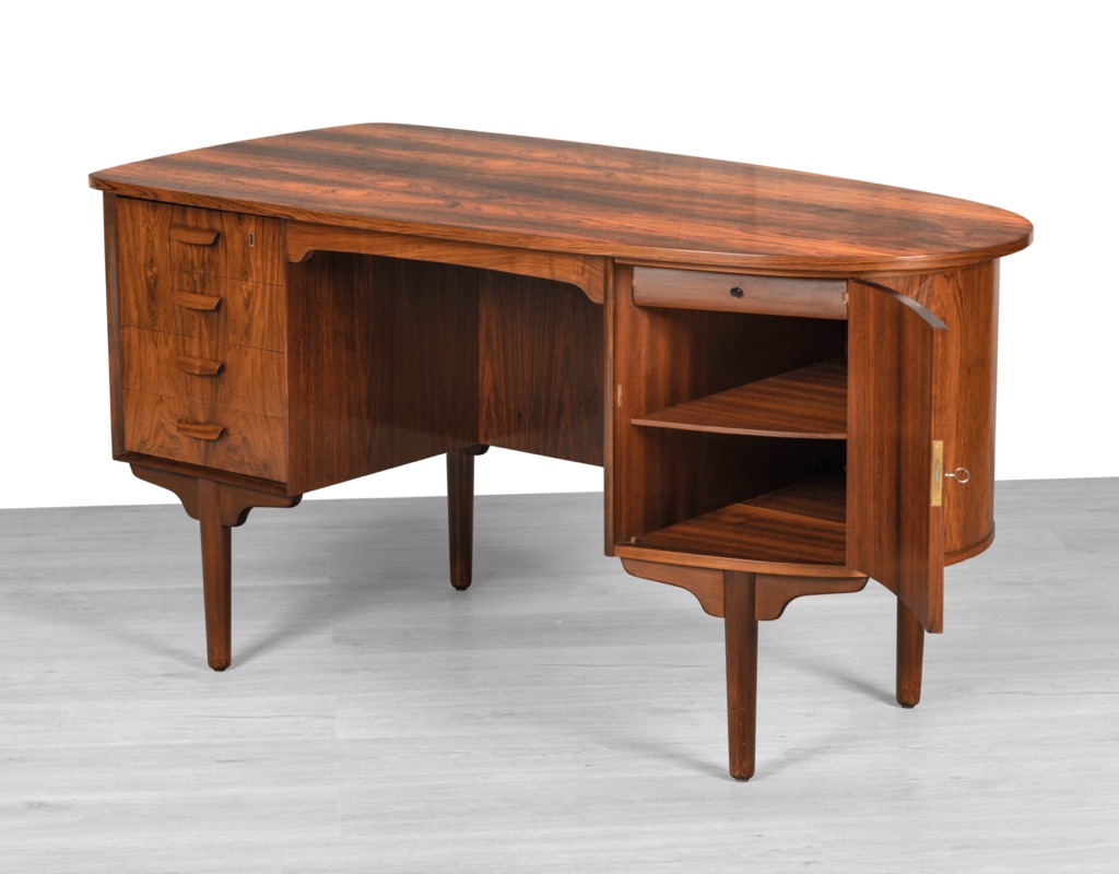 H.P. Hansen Bullet desk Danish vintage 1960s mid century modern Scandinavian design Randers Mobelfabrik Brazilian rosewood rear storage office furniture Denmark door open