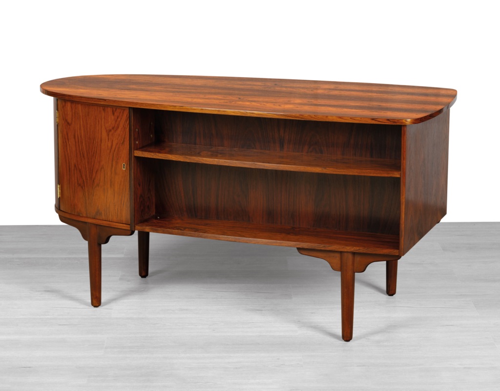 H.P. Hansen Bullet desk Danish vintage 1960s mid century modern Scandinavian design Randers Mobelfabrik Brazilian rosewood rear storage office furniture Denmark curved design