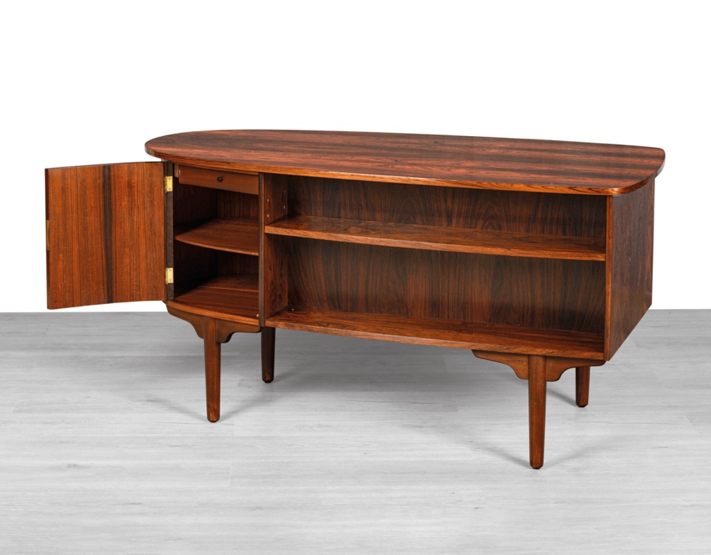 H.P. Hansen Bullet desk Danish vintage 1960s mid century modern Scandinavian design Randers Mobelfabrik Brazilian rosewood rear storage office furniture Denmark bookshelf