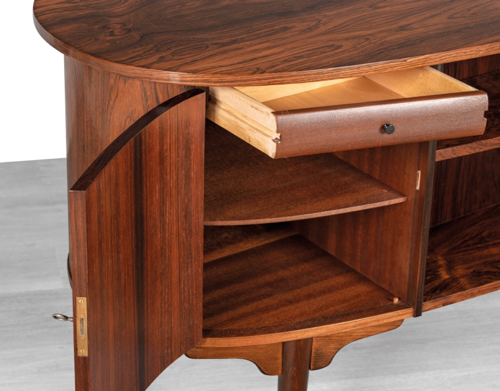 H.P. Hansen Bullet desk Danish vintage 1960s mid century modern Scandinavian design Randers Mobelfabrik Brazilian rosewood rear storage office furniture Denmark secret drawer