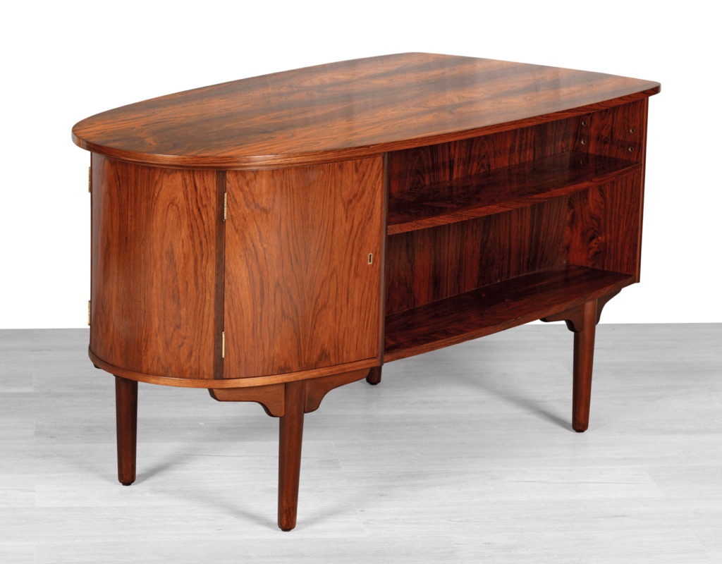 H.P. Hansen Bullet desk Danish vintage 1960s mid century modern Scandinavian design Randers Mobelfabrik Brazilian rosewood rear storage office furniture Denmark rear bookshelf
