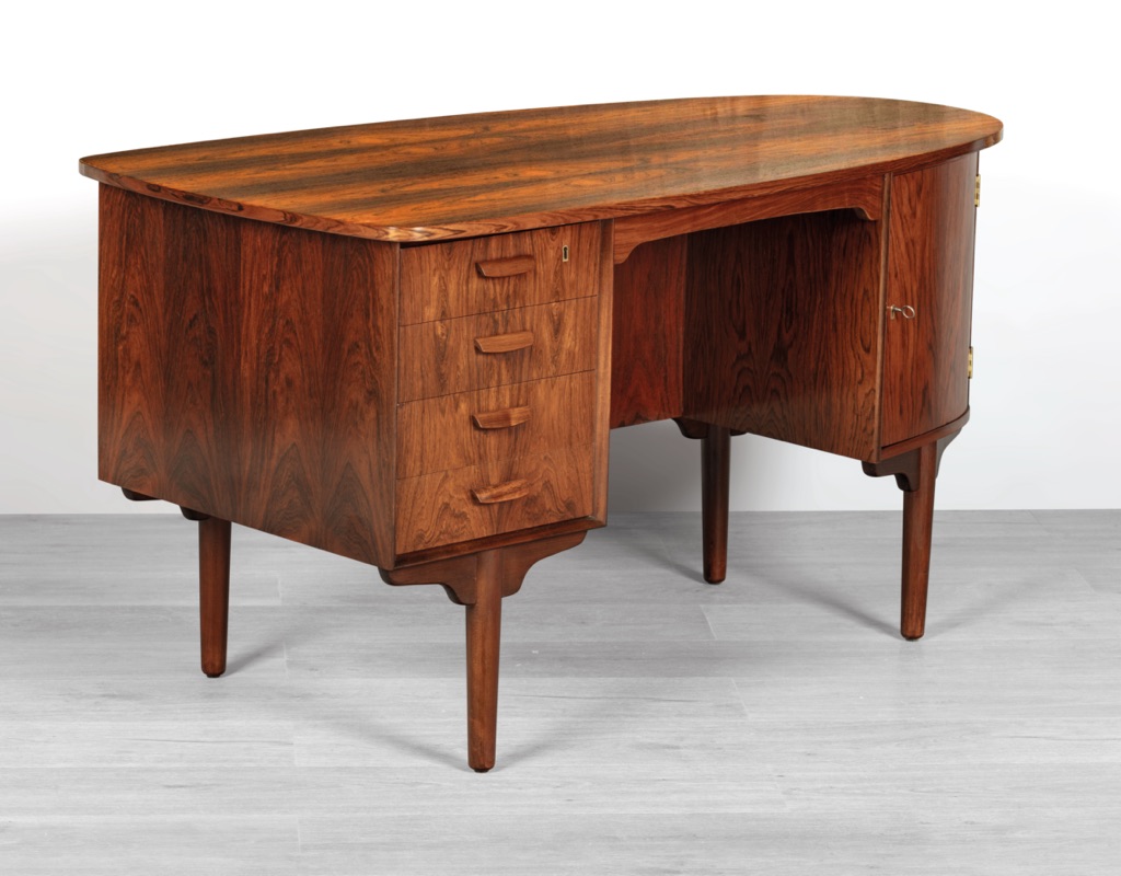H.P. Hansen Bullet desk Danish vintage 1960s mid century modern Scandinavian design Randers Mobelfabrik Brazilian rosewood rear storage office furniture Denmark art deco