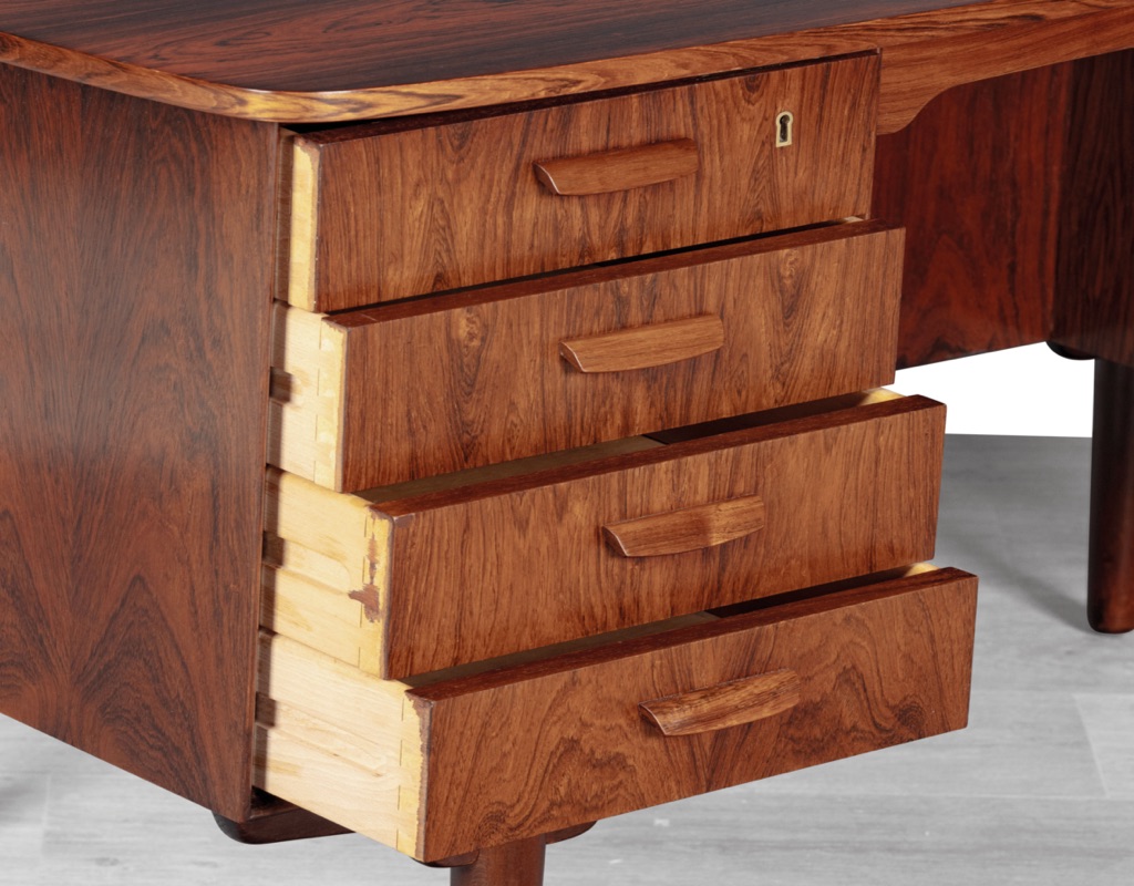 H.P. Hansen Bullet desk Danish vintage 1960s mid century modern Scandinavian design Randers Mobelfabrik Brazilian rosewood rear storage office furniture Denmark dovetail joins