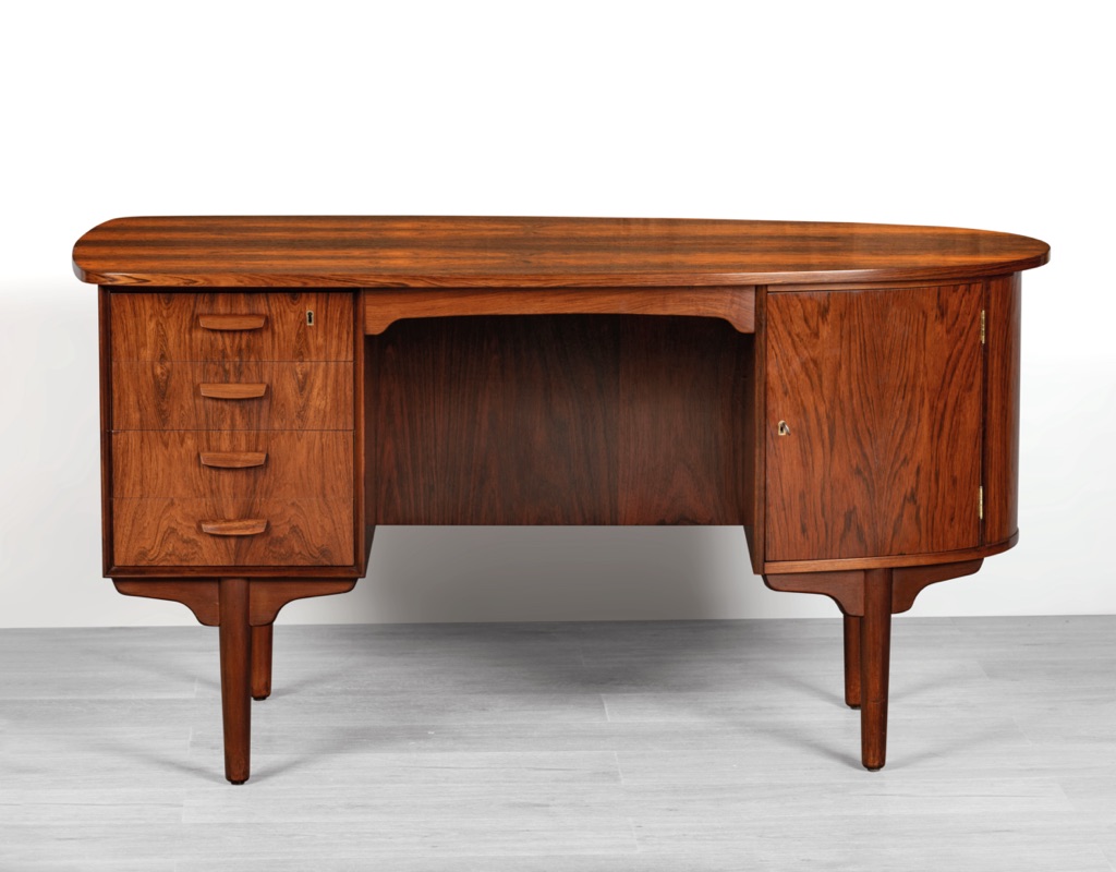 H.P. Hansen Bullet desk Danish vintage 1960s mid century modern Scandinavian design Randers Mobelfabrik Brazilian rosewood rear storage office furniture Denmark