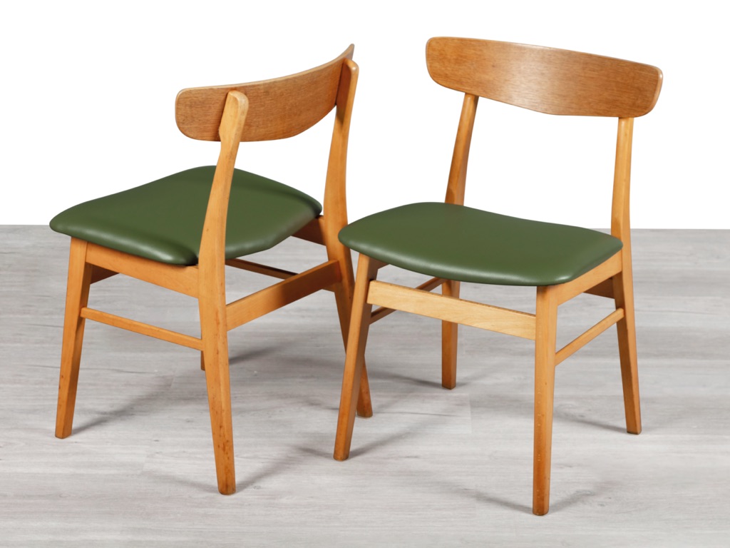 Mid century modern Farstrup mobler dining chairs Danish vintage 1960s teak oak beechwood original Scandinavian dining room furniture seating leather seat two chairs