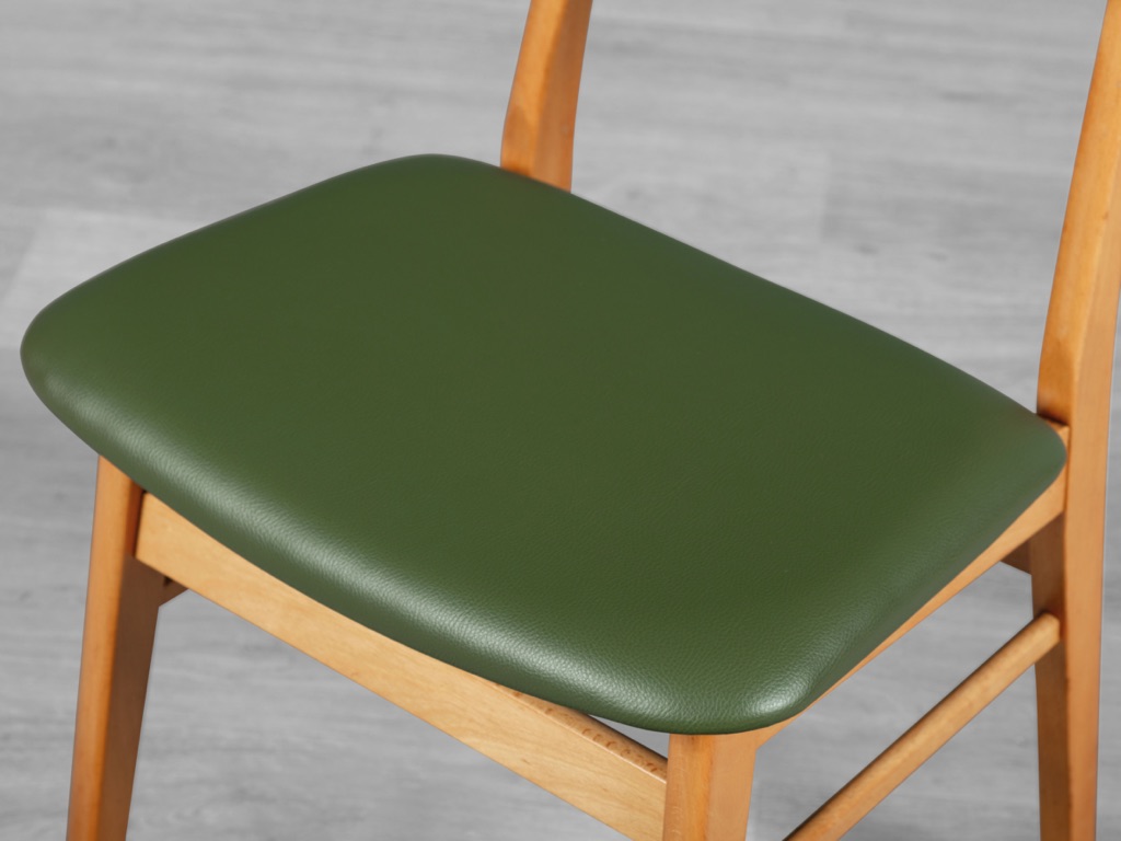Mid century modern Farstrup mobler dining chairs Danish vintage 1960s teak oak beechwood original Scandinavian dining room furniture seating leather seat green vinyl