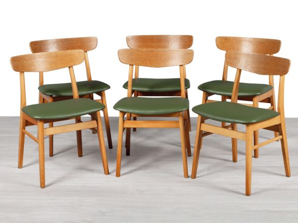 Mid century modern Farstrup mobler dining chairs Danish vintage 1960s teak oak beechwood original Scandinavian dining room furniture seating leather seat