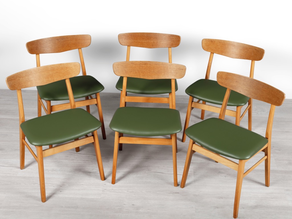 Mid century modern Farstrup mobler dining chairs Danish vintage 1960s teak oak beechwood original Scandinavian dining room furniture seating leather seat set of six
