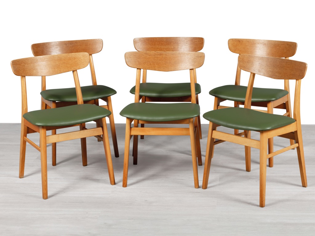 Mid century modern Farstrup mobler dining chairs Danish vintage 1960s teak oak beechwood original Scandinavian dining room furniture seating leather seat