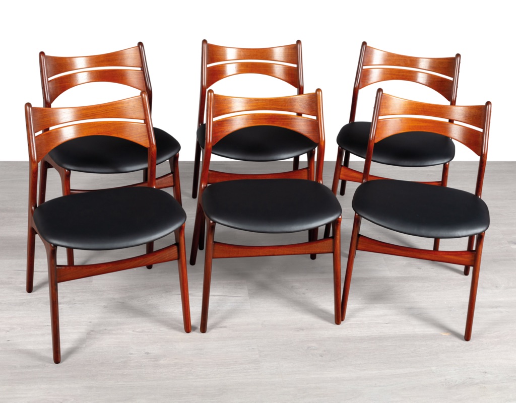Mid century modern Erik Buch Model 310 dining chairs Danish vintage 1960s teak Christiansens Mobelfabrik original Scandinavian seating teak Brazilian Rosewood six