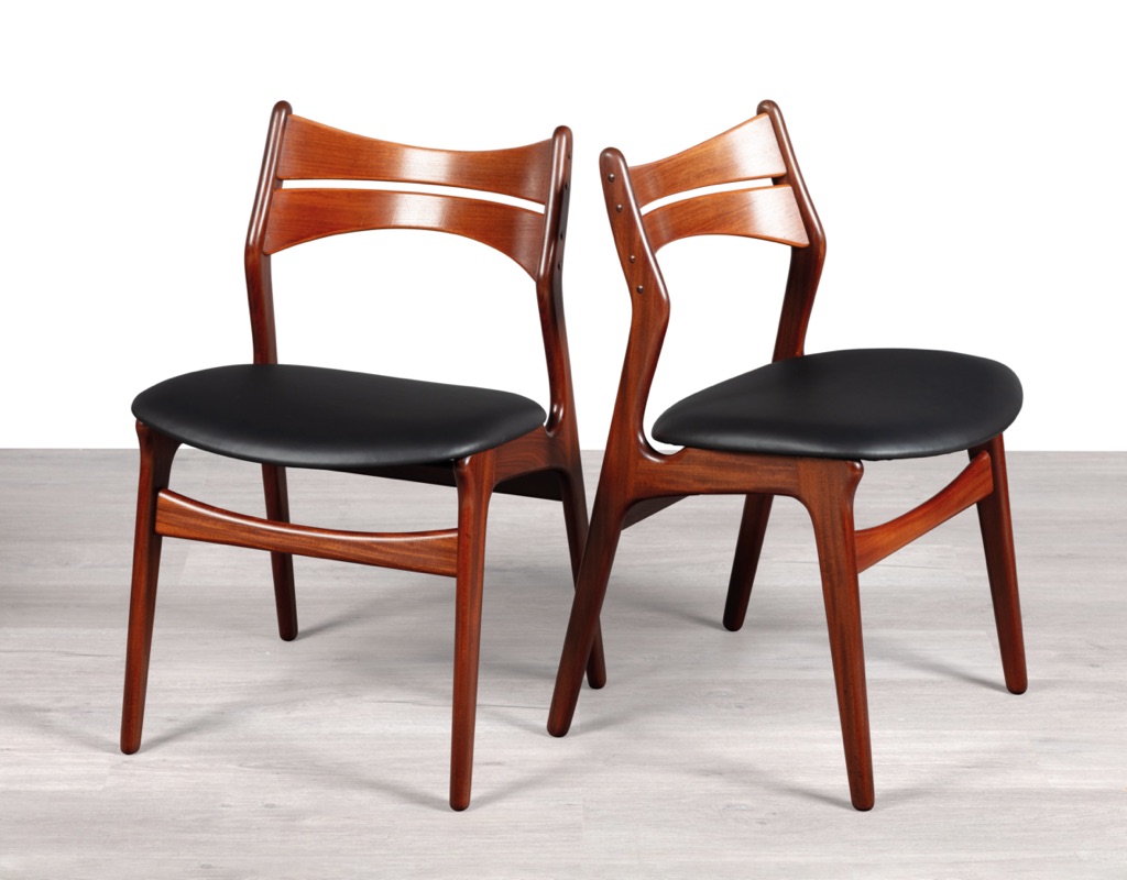 Mid century modern Erik Buch Model 310 dining chairs Danish vintage 1960s teak Christiansens Mobelfabrik original Scandinavian seating teak Brazilian Rosewood leather seats