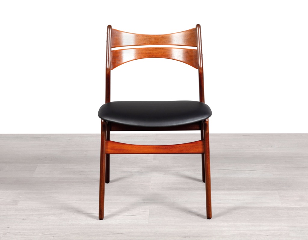 Mid century modern Erik Buch Model 310 dining chairs Danish vintage 1960s teak Christiansens Mobelfabrik original Scandinavian seating teak Brazilian Rosewood leather upholstery