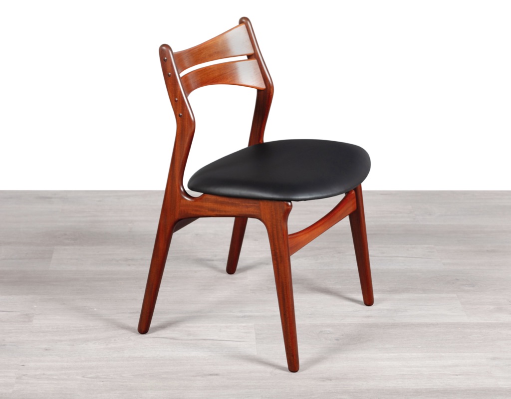 Mid century modern Erik Buch Model 310 dining chairs Danish vintage 1960s teak Christiansens Mobelfabrik original Scandinavian seating teak Brazilian Rosewood profile