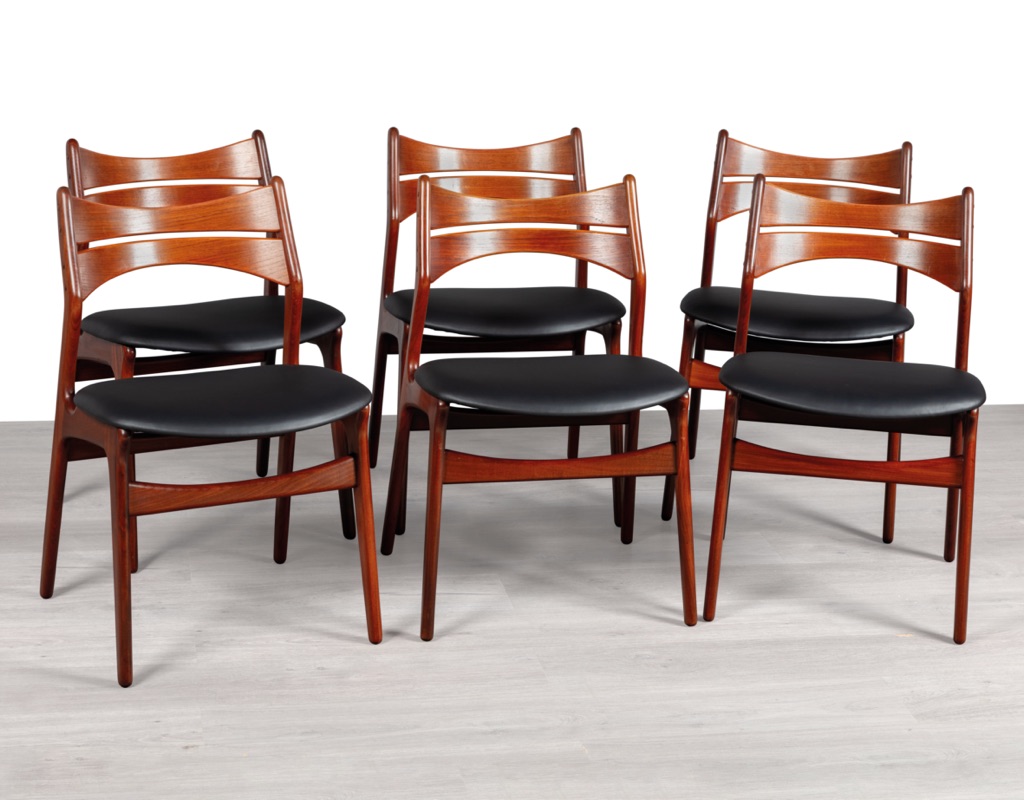 Mid century modern Erik Buch Model 310 dining chairs Danish vintage 1960s teak Christiansens Mobelfabrik original Scandinavian seating set of six teak Brazilian Rosewood
