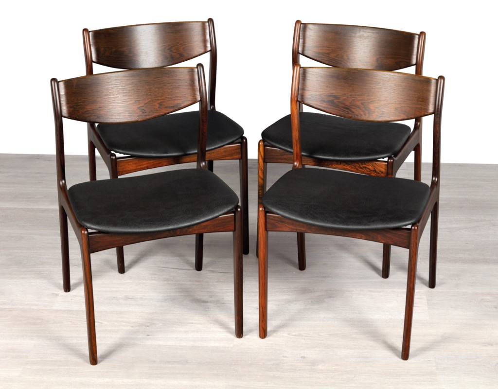 Mid century modern Erik Buch dining chairs Danish 1960s Oddense Maskinsnedkeri O.D. Mobler Brazilian Rosewood original Scandinavian dining room furniture seating leather upholstery four in the set