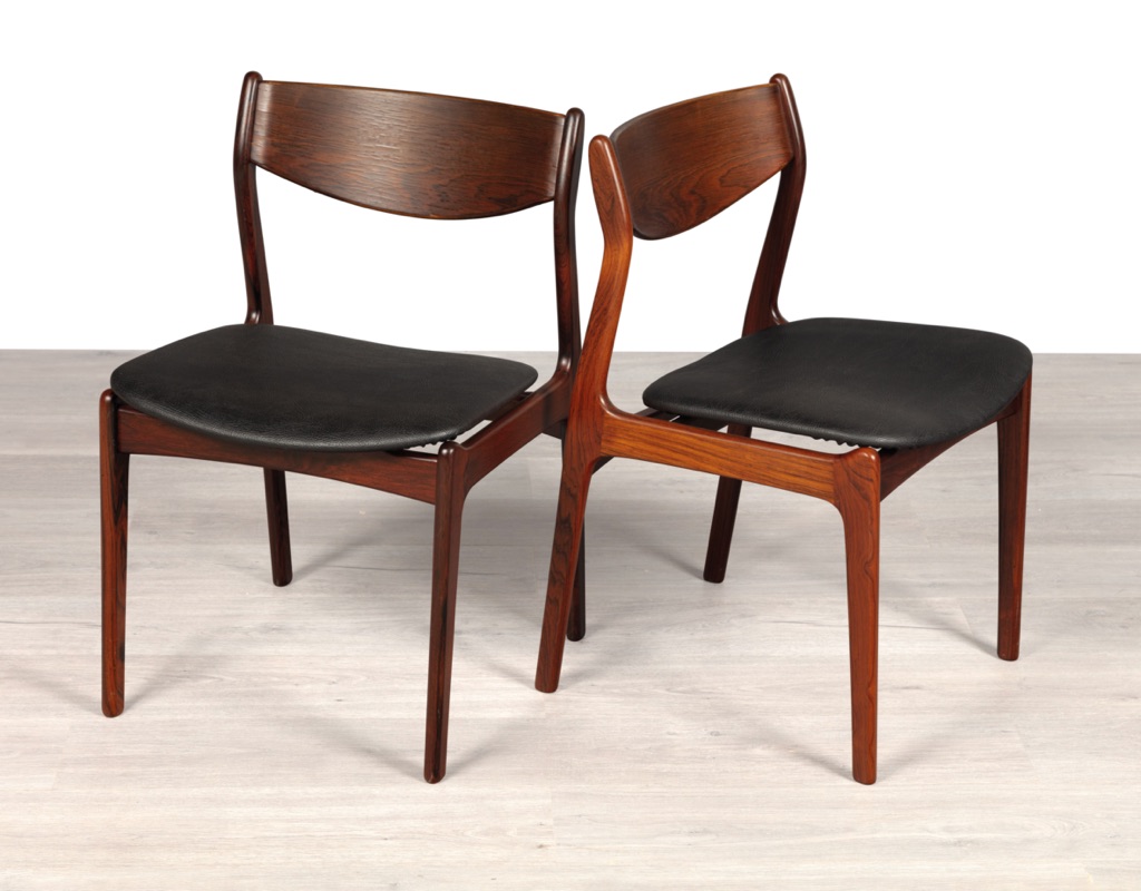 Mid century modern Erik Buch dining chairs Danish 1960s Oddense Maskinsnedkeri O.D. Mobler Brazilian Rosewood original Scandinavian dining room furniture seating leather upholstery floating seat detail