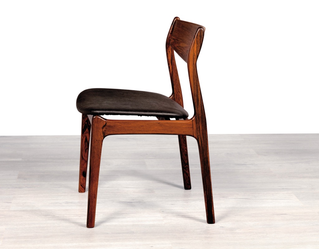 Mid century modern Erik Buch dining chairs Danish 1960s Oddense Maskinsnedkeri O.D. Mobler Brazilian Rosewood original Scandinavian dining room furniture seating leather upholstery floating seat design