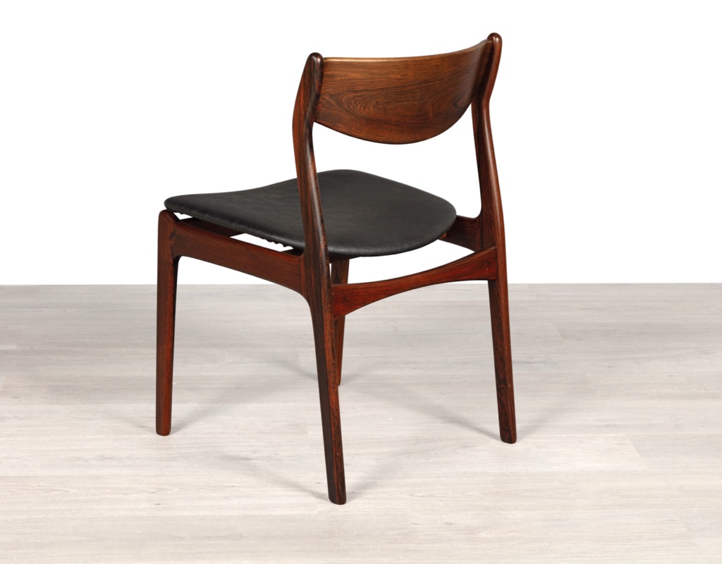 Mid century modern Erik Buch dining chairs Danish 1960s Oddense Maskinsnedkeri O.D. Mobler Brazilian Rosewood original Scandinavian dining room furniture seating leather upholstery back view