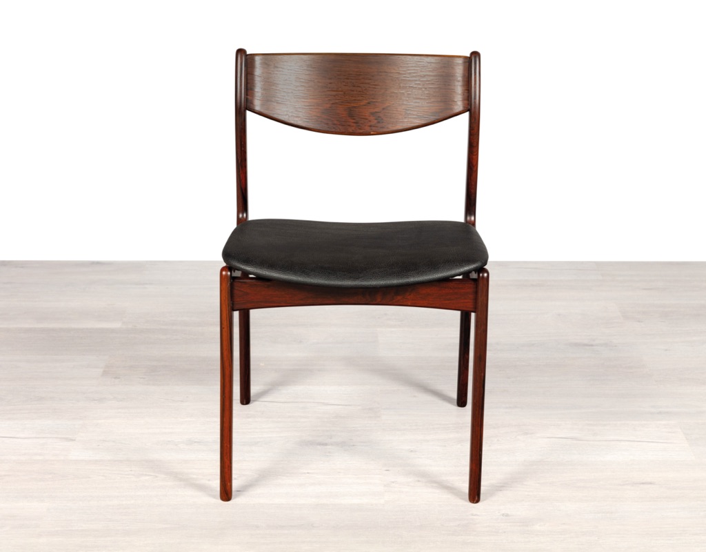 Mid century modern Erik Buch dining chairs Danish 1960s Oddense Maskinsnedkeri O.D. Mobler Brazilian Rosewood original Scandinavian dining room furniture seating leather upholstery front view