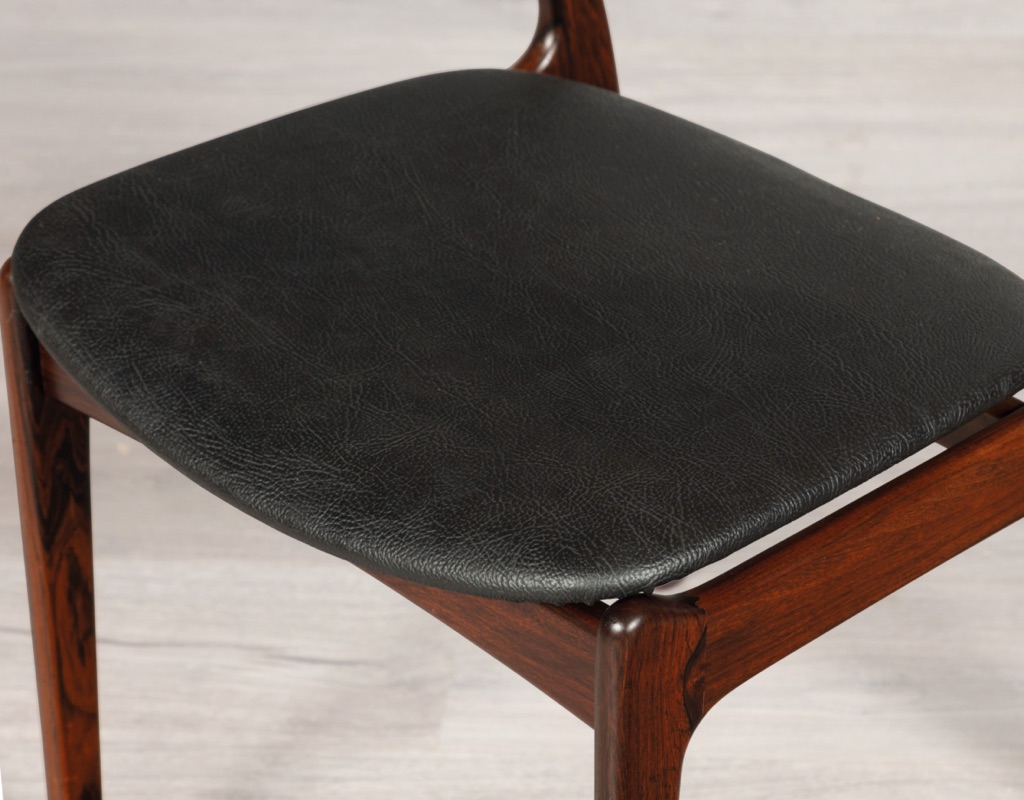 Mid century modern Erik Buch dining chairs Danish 1960s Oddense Maskinsnedkeri O.D. Mobler Brazilian Rosewood original Scandinavian dining room furniture seating black leather upholstery