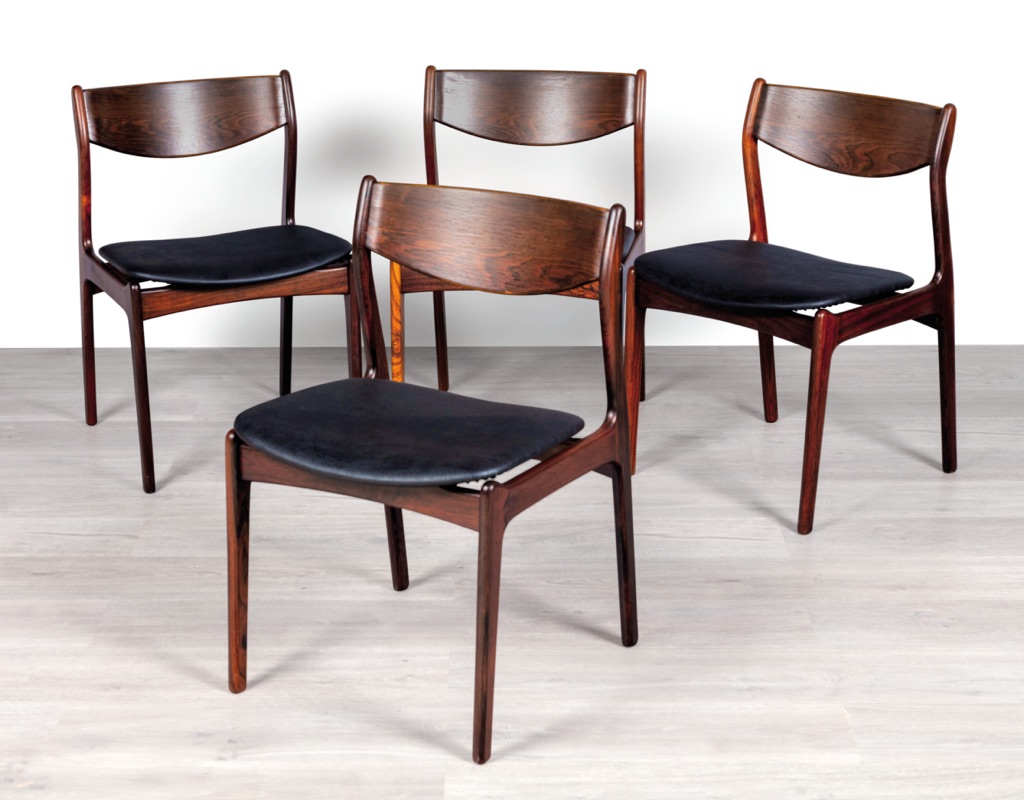 Mid century modern Erik Buch dining chairs Danish 1960s Oddense Maskinsnedkeri O.D. Mobler Brazilian Rosewood original Scandinavian dining room furniture seating leather upholstery set of four