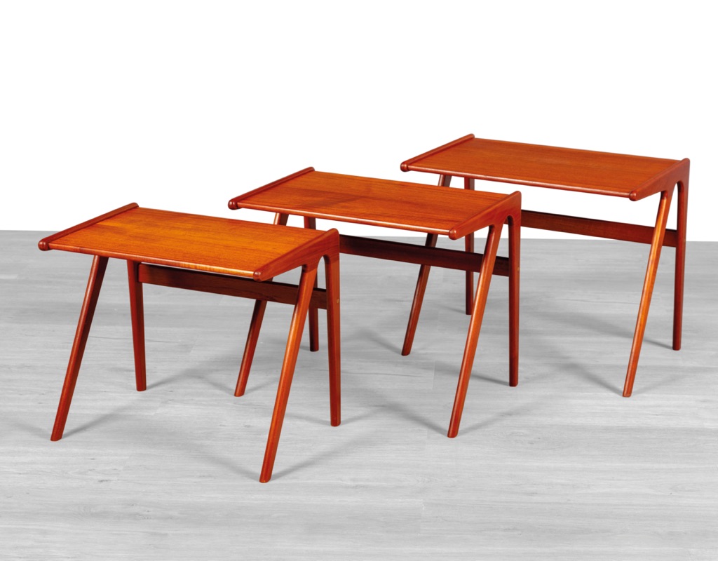 Mid century modern Danish vintage 1960s nest of tables in teak style of Johannes Andersen original Scandinavian designed nesting side occasional table three