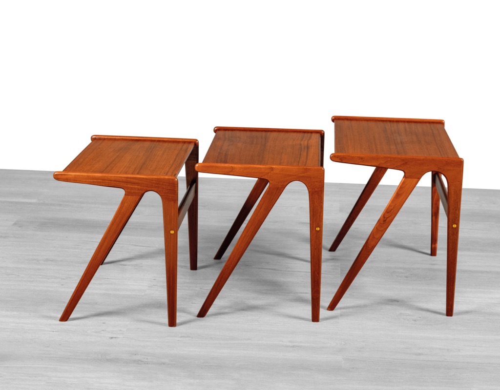 Mid century modern Danish vintage 1960s nest of tables in teak style of Johannes Andersen original Scandinavian designed nesting side occasional table compass leg