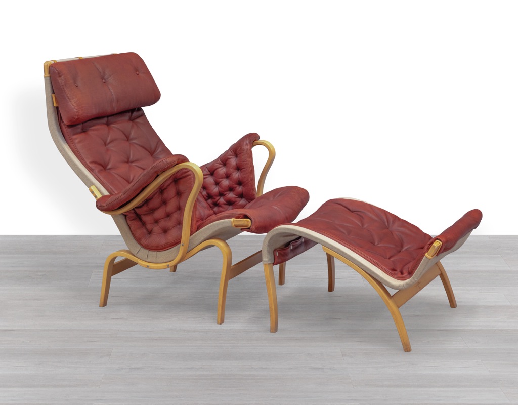 Pernilla Chair Bruno Mathsson DUX Sweden 1970s Ottoman Plum Leather