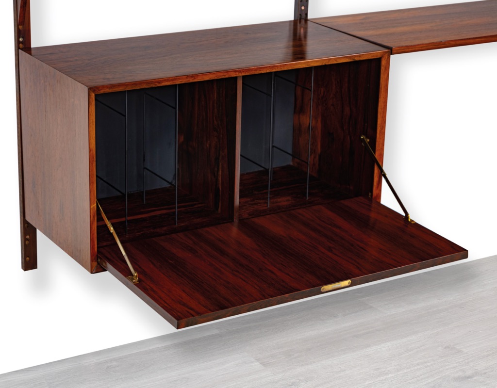 Poul Cadovius CADO Shelving Unit Bookshelf Danish Vintage 1960s Brazilian Rosewood Mid Century Modern Wall Mounted TV Unit Drop Front Record Bar