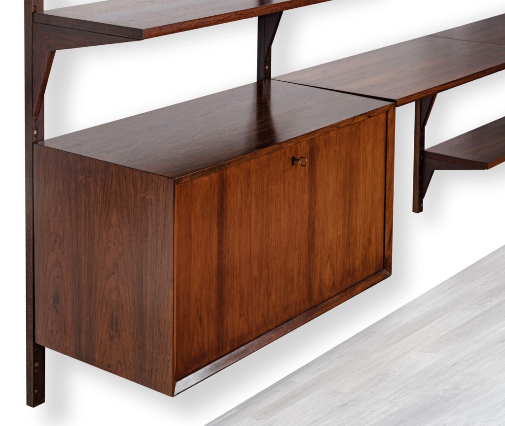 Poul Cadovius CADO Shelving Unit Bookshelf Danish Vintage 1960s Brazilian Rosewood Mid Century Modern Wall Mounted TV Unit Drop Front