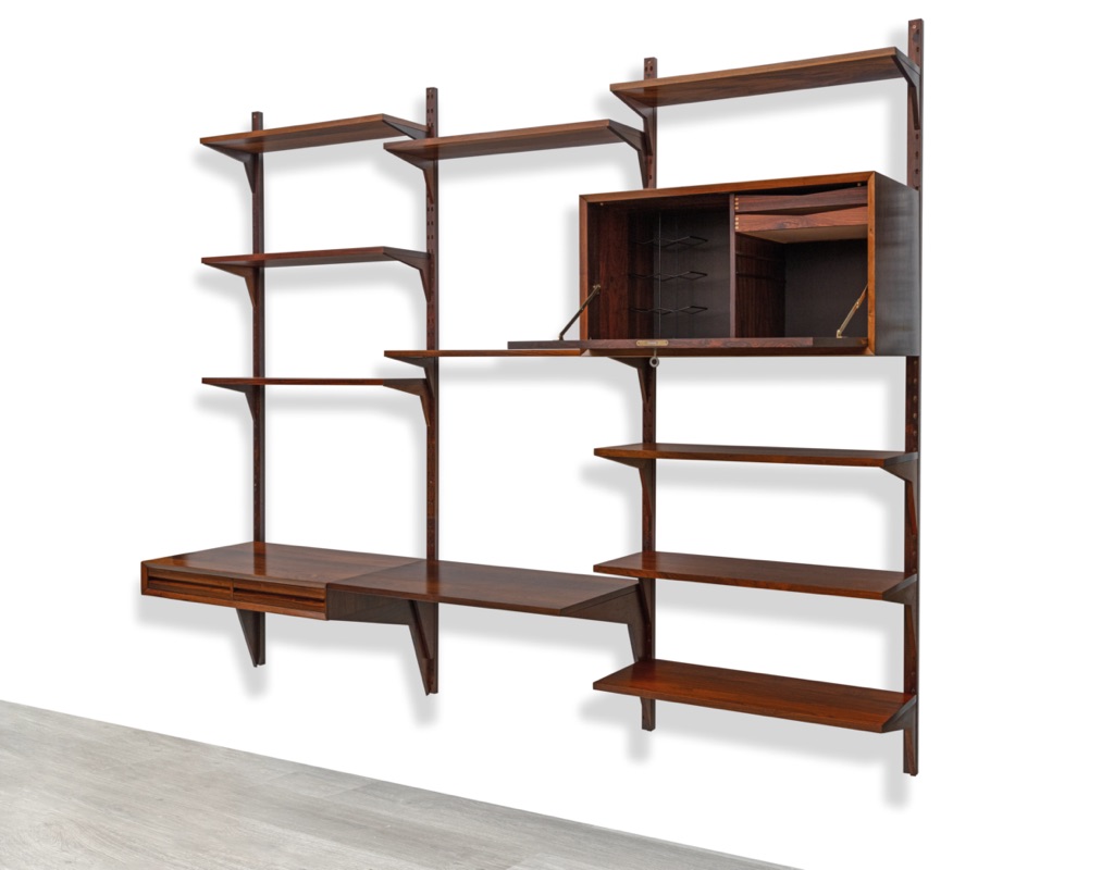 Mid century modern Poul Cadovius Shelving System Cado 1960s Wall Mounted Bookshelf Brazilian Rosewood Danish vintage storage Royal System Modular large three bay desk office