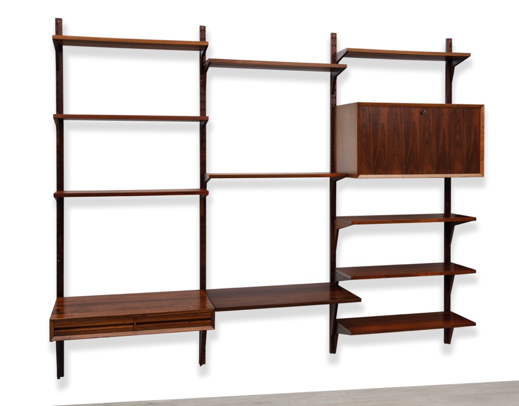 Mid century modern Poul Cadovius Shelving System Cado 1960s Wall Mounted Bookshelf Brazilian Rosewood Danish vintage storage Royal System Modular angled dowel
