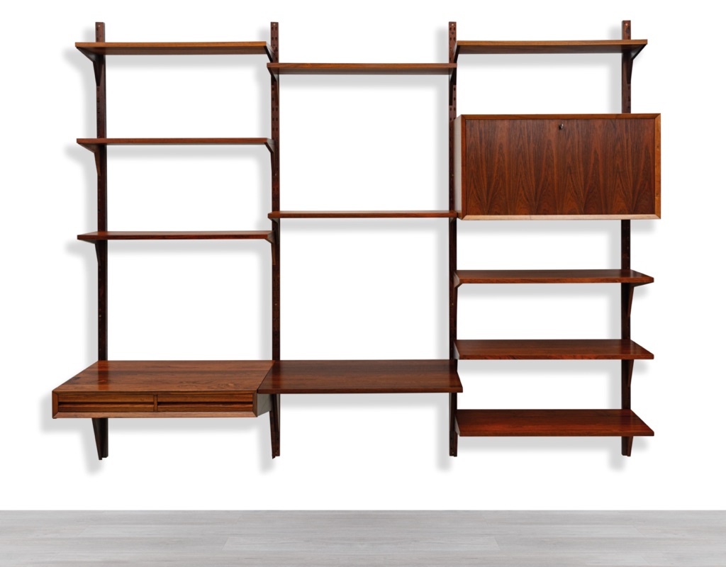 Mid century modern Poul Cadovius Shelving System Cado 1960s Wall Mounted Bookshelf Brazilian Rosewood Danish vintage storage Royal System Modular three bay