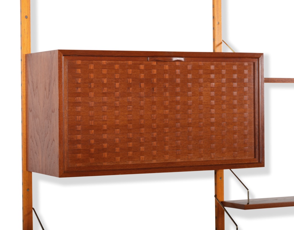 Mid Century Modern Poul Cadovius Wall Mounted Shelving System Model Royal Danish Vintage 1950s CADO Teak Brass Shelf Supports Modular Design Bookshelf Woven Veneer Front