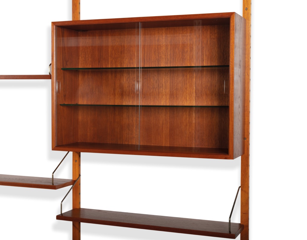 Mid Century Modern Poul Cadovius Wall Mounted Shelving System Model Royal Danish Vintage 1950s CADO Teak Brass Shelf Supports Modular Design Bookshelf Glazed Cabinet