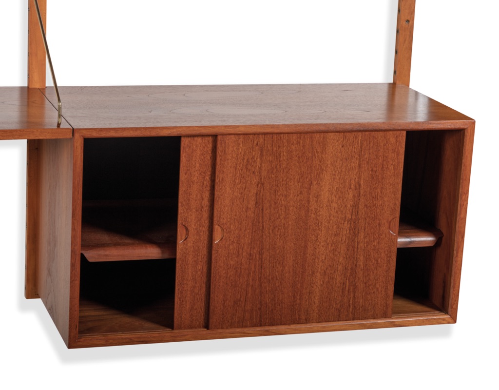 Mid Century Modern Poul Cadovius Wall Mounted Shelving System Model Royal Danish Vintage 1950s CADO Teak Brass Shelf Supports Modular Design Bookshelf Sliding Door Cabinet