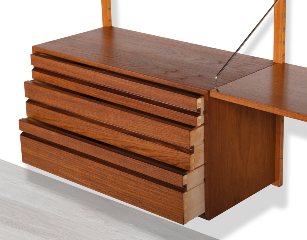 Mid Century Modern Poul Cadovius Wall Mounted Shelving System Model Royal Danish Vintage 1950s CADO Teak Brass Shelf Supports Modular Design Bookshelf Drawers