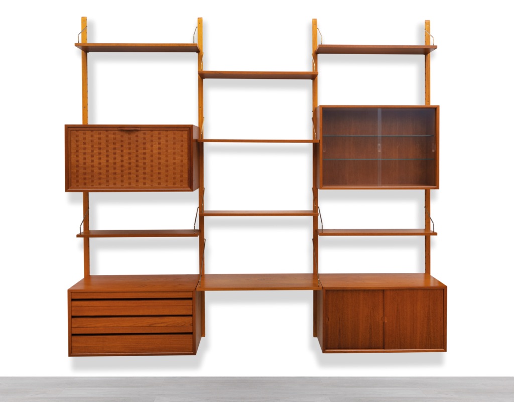 Mid Century Modern Poul Cadovius Wall Mounted Shelving System Model Royal Danish Vintage 1950s CADO Teak Brass Shelf Supports Modular Design Bookshelf Three Bay