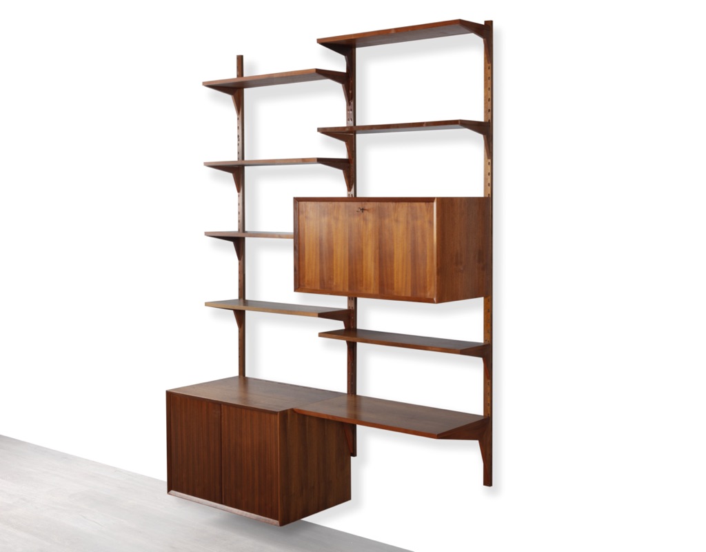 Mid century modern Danish 1960s Poul Cadovius shelving system wall mounted bookshelf CADO Denmark original Scandinavian storage Teak Walnut Brazilian Rosewood stereo cabinet